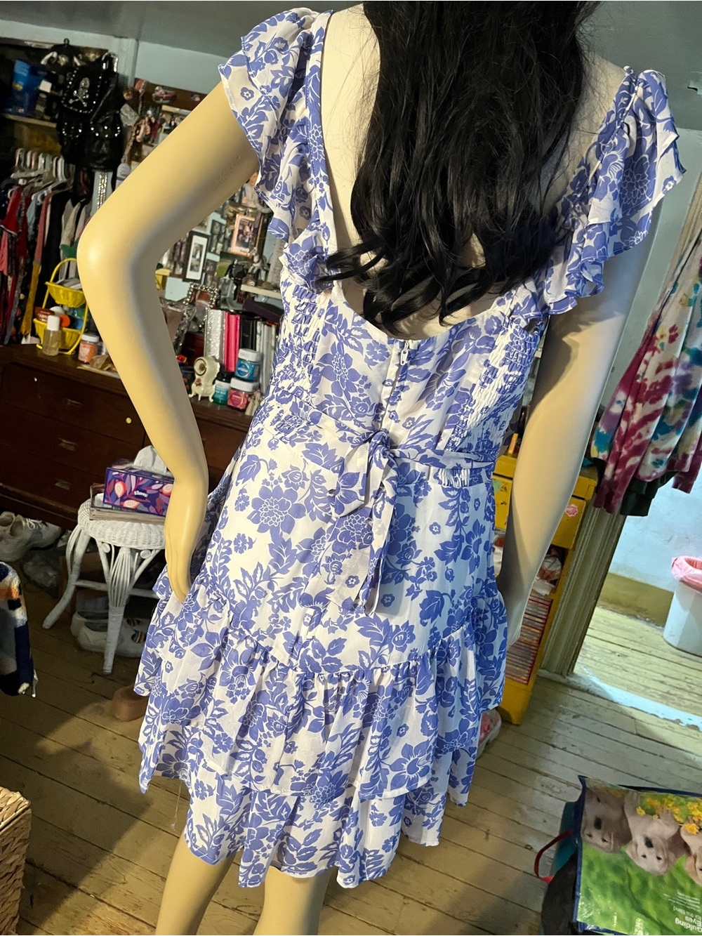 Crystal Doll White and Blue Floral Midi Dress